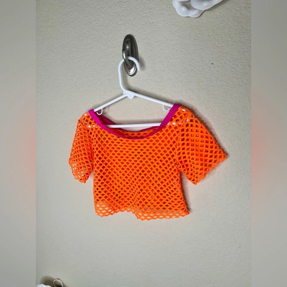 Girls Neon Orange Fishnet Dance Crop Top 80s Costume Mesh Cover Up Child M